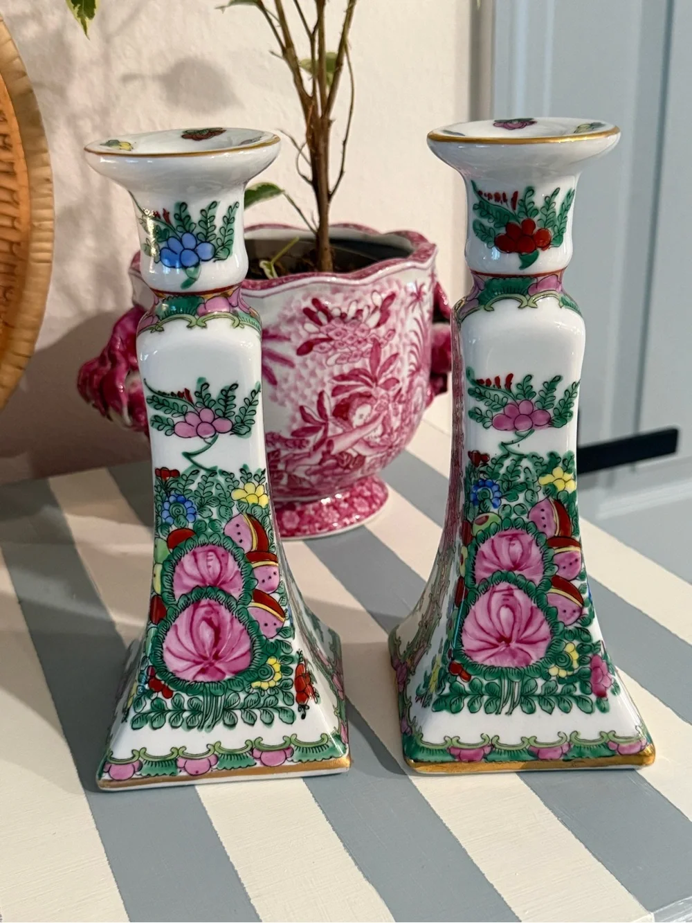 Rose Medallion Hand-Painted Floral Porcelain Candlestick Pair in Pink and Green